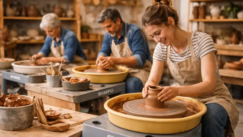 Atelier de poterie avec plusieurs tours en fonctionnement