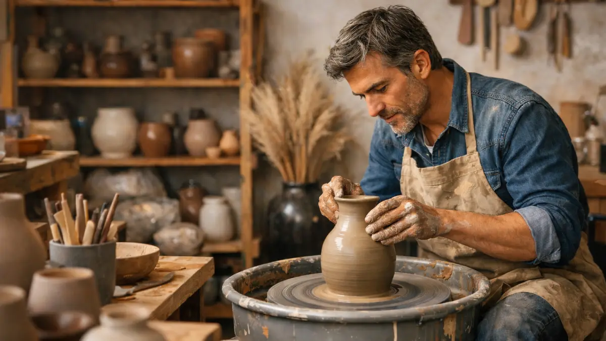 Potier travaillant sur un tour de potier électrique